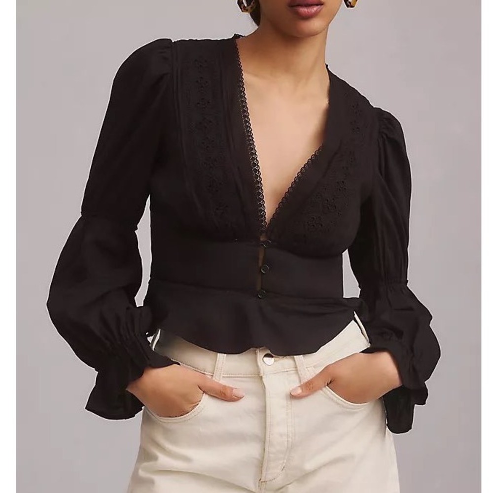 Reformation meadowlark Black Lace Embroidered Balloon Sleeve Peplum Blouse 4